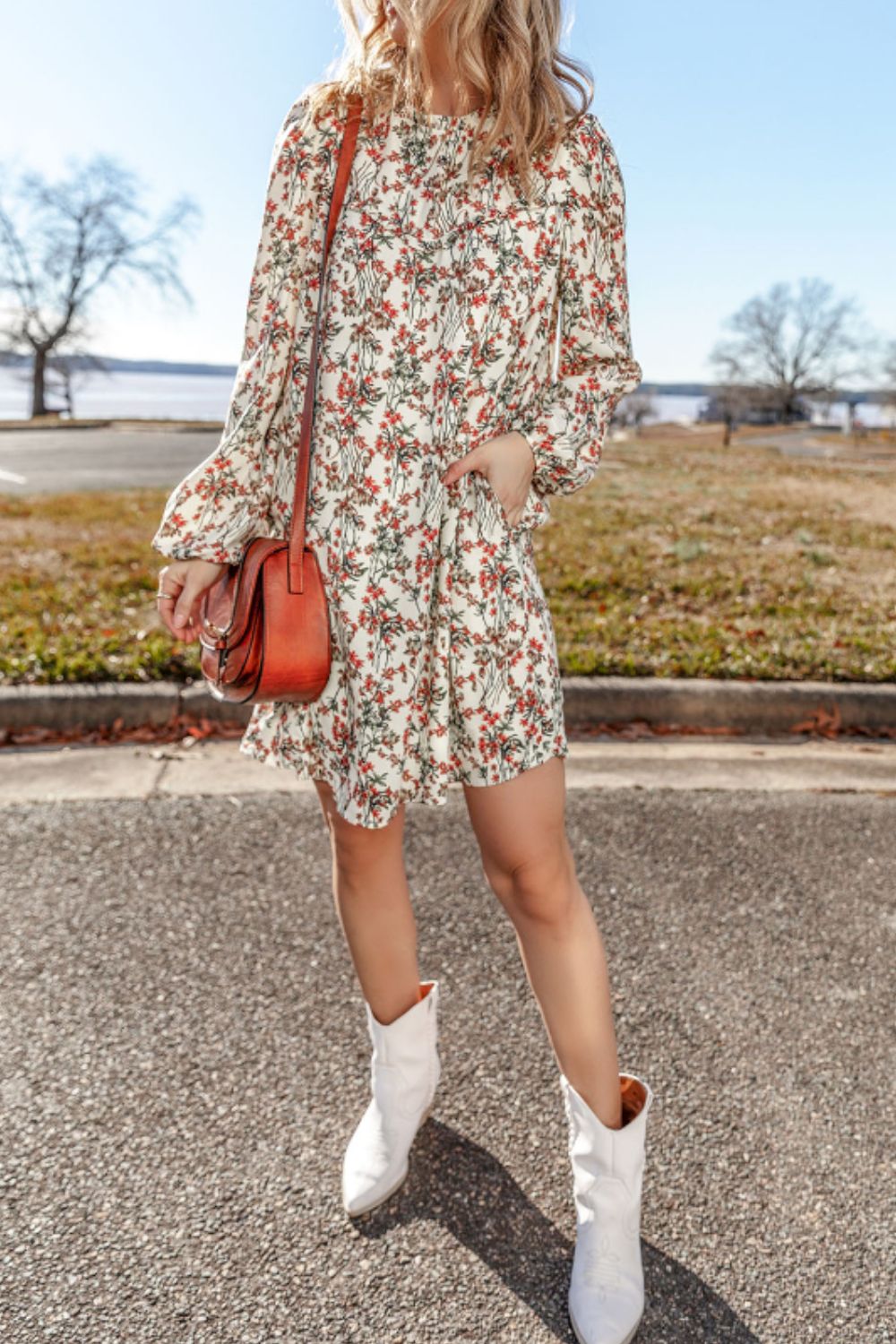 Floral Round Neck Long Sleeve Dress